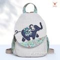 Mochila étnica de algodão e linho com elefante para viagens casuais